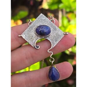Vintage Sterling Silver & Blue Lapis Lazuli Modernist Pendant Necklace, 17"